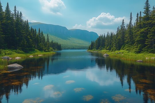 Serene Mountain Lake Reflected In Still Waters