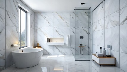 Minimalist interior design of modern Bathroom with marble white wall