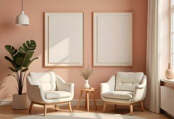 Two white armchairs with wooden legs in a minimalist living room with pink walls, two empty frames on the wall, and a small round wooden table with a potted plant