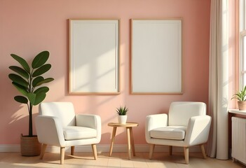 Two white armchairs with wooden legs in a minimalist living room with pink walls, two empty frames on the wall, and a small round wooden table with a potted plant