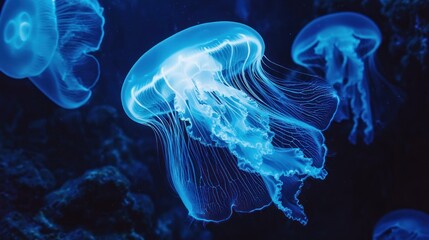 Glowing Jellyfish Swim Gracefully In Dark Ocean Waters