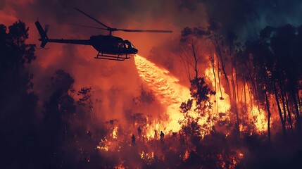 Obraz premium Helicopter Fighting Wildfire at Night