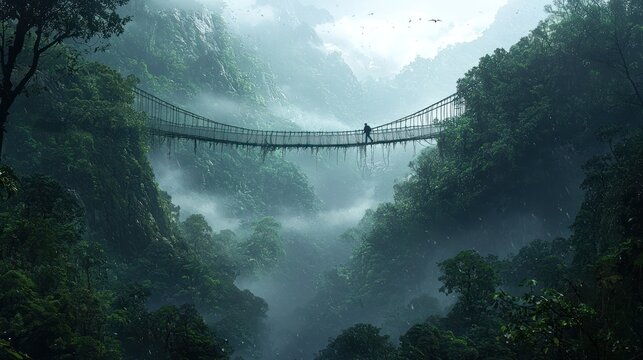 Fototapeta A lone figure crosses a misty jungle rope bridge