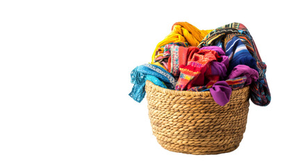 Obraz premium Wicker laundry basket overflowing with vibrant clothes, isolated on a transparent background, ideal for cleaning and laundry designs