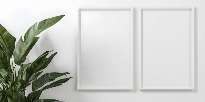 Minimalist interior with two blank picture frames and green plant against white wall