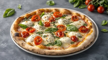 healthy gluten-free pizza. food background banner. Freshly baked pizza topped with tomatoes, basil, and mozzarella cheese on a rustic table