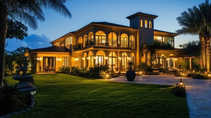 A luxurious villa with large glass windows illuminating the night, surrounded by elegant landscaping.