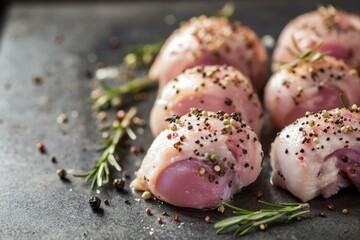 Obraz premium Raw chicken thighs seasoned with spices and herbs, ready for cooking.