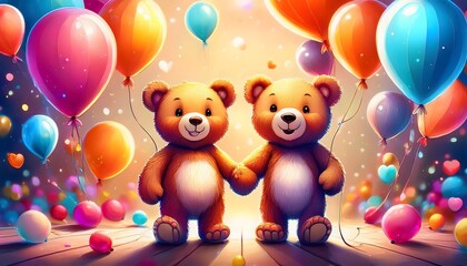 Adorable Teddy Bears Holding Hands with Colorful Balloons Friendship Celebration