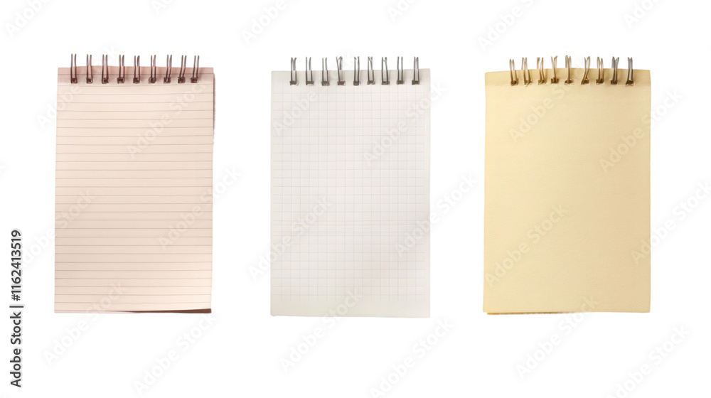 Poster Spiral-bound notepad papers featuring lined, graph, and blank sheets, floating against transparent background for versatile documentation needs