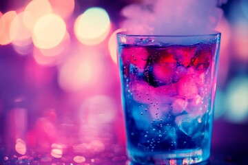 Neon-lit cocktail with dry ice in a glass.