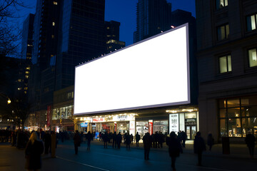 Mock up of a blank urban billboard in a busy downtown area at night. Promotion information for marketing announcements and details