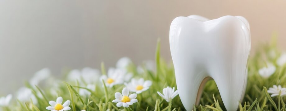 Bright white tooth placed among small flowers in a grassy setting during daylight, hello spring summer, dentistry banner, text mockup, mock up, template, empty, for text, place, copyspace, copy space