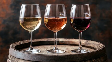 Naklejka premium A set of three wine glasses on a vintage wooden barrel, displaying an array of red, rose, and white sparkling wines, encircled by a soft warm glow.