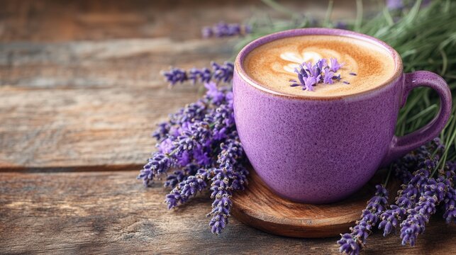 Lavender latte served in a purple mug surrounded by fresh lavender flowers on rustic wooden table