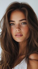 Naklejka premium Portrait of a young woman with long wavy brown hair and clear skin, potential usecase for beauty, fashion, and lifestyle