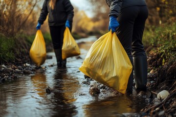 Two individuals wearing boots and gloves diligently clean trash from a river, exemplifying environmental hygiene and conservation efforts as they collect waste in yellow bags.