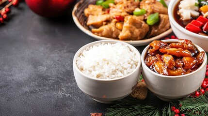 Chinese New Year Food Concept, Traditional Rice Wine Served in Ceramic Cups with Accompaniments on a Festive Table