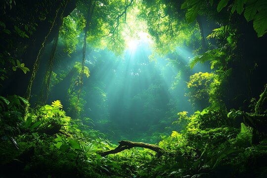 Sunbeams Illuminate Lush Green Tropical Rainforest Canopy