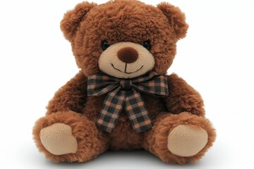 Obraz premium A cute brown teddy bear with a friendly smile and a checkered bow tie, perfect for cuddling.