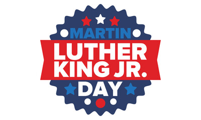 Martin Luther King, Jr. Day. Celebrated annual in United States in January, federal holiday. African American Rights Fighter. Patriotic american elements. Poster, card, banner, background. Vector