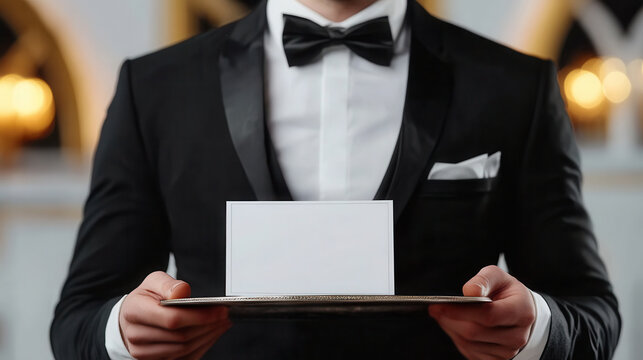 menu Elegant waiter holds blank card on a golden tray in a luxurious venue during an evening event