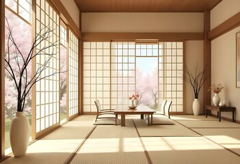
A traditional Japanese tatami room with shoji screens, wooden furniture, and decorative elements like vases and flowers.