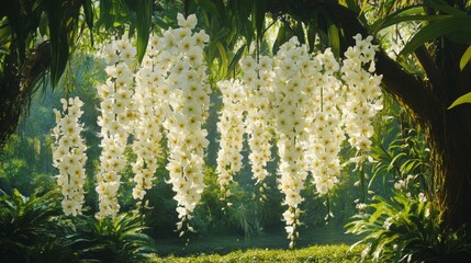 108.Close-up of blooming dendrobium orchids hanging from low trees, each petal delicately textured and vibrant against the green backdrop; a tranquil garden scene showcasing the flowersâ€™ natural