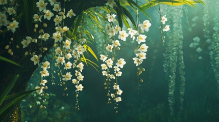108.Close-up of blooming dendrobium orchids hanging from low trees, each petal delicately textured and vibrant against the green backdrop; a tranquil garden scene showcasing the flowersâ€™ natural