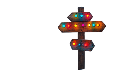 A wooden signpost with colorful lights on a black background.