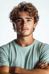 Fototapeta premium Young Man in Mint Tshirt on White Background, potential usecase for profile pictures or e-commerce product demonstrations