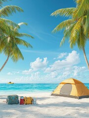 Beach scene with a yellow tent, colorful bags, palm trees, and clear blue water under a bright sky.