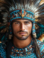 Fototapeta premium Portrait of a man in traditional attire with a feathered headdress, showcasing cultural heritage.