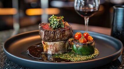 Gourmet Grilled Steak with Tomato and Savory Sauce on Elegant Dining Plate