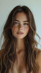 Naklejka premium Young woman with long wavy brown hair and clear radiant skin looking directly at the camera with a gentle smile - Portrait for beauty, fashion, or lifestyle content