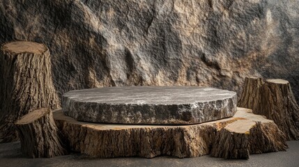 36.Small granite stone top, smooth but rugged, with visible grains in the granite and surrounded by dried, textured wood stumps; each element brings an organic feel to the low-angle composition,