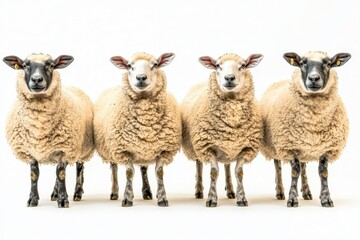 Fototapeta premium Four sheep lined up in a row, showcasing their woolly coats and distinct markings.