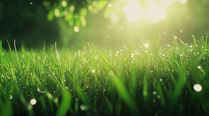 20.Close-up of a green lawn with evenly trimmed, vibrant grass, glistening with morning dew in a serene park setting, the sunlight softly illuminating the blades and creating a fresh, inviting scene.