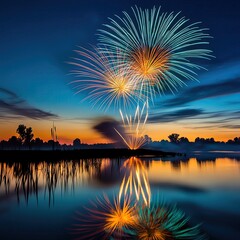 a burst of fireworks exploding over a serene countryside,