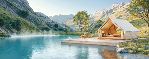 Serene glamping scene by a tranquil lake surrounded by mountains and greenery.