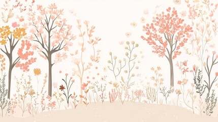 56.Vector illustration of a seamless background with small flowering plants and low trees, featuring soft pastel colors and delicate outlines, creating a gentle, nature-inspired design.