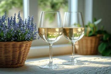 Two wine glasses beside blooming plants in a sunlit setting.
