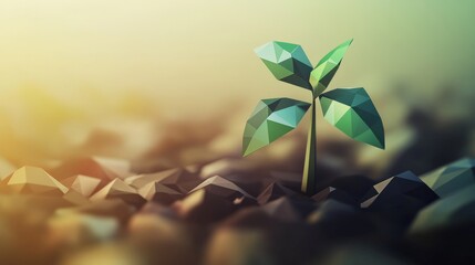 65.Digital illustration of a sprout in low-poly style, with tiny polygonal triangles forming the leaves and soil; the eco-friendly theme is enhanced by subtle green and brown tones, symbolizing