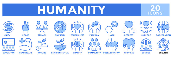 Hummanity icon collection set.Containing community,justice,freedom,equality,unity,support,collaboration icon.Simple blue vector illustration.