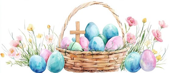 Easter Christian Clipart. A colorful basket filled with Easter eggs surrounded by flowers and a wooden cross.