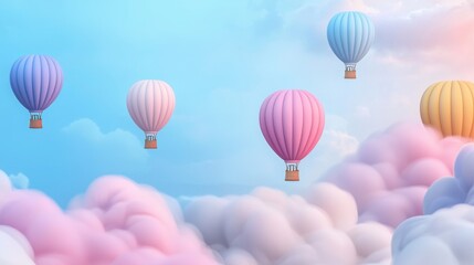 Obraz premium A dreamy sky filled with soft pastel clouds and colorful hot air balloons floating gracefully