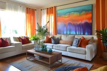 Fototapeta premium Photograph of the interior with painting concept hanging on the wall in the living room