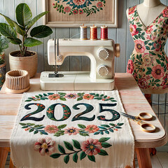 The image shows a table with a floral cloth, decorative numbers spelling out \"2025,\" and a sewing machine in the background. There is also a potted plant and a lamp in the room.