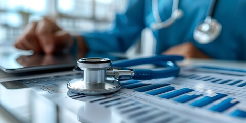 Stethoscope placed on medical charts with a healthcare professional using a tablet , modern medical diagnostics
