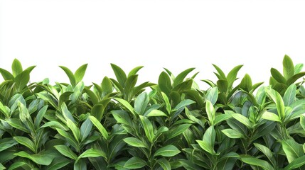 Obraz premium 2.Row of lush, tropical green shrubs in a clean cutout format on a seamless white background, showcasing detailed leaves with vibrant green tones and realistic textures, in a 3D rendered style.
